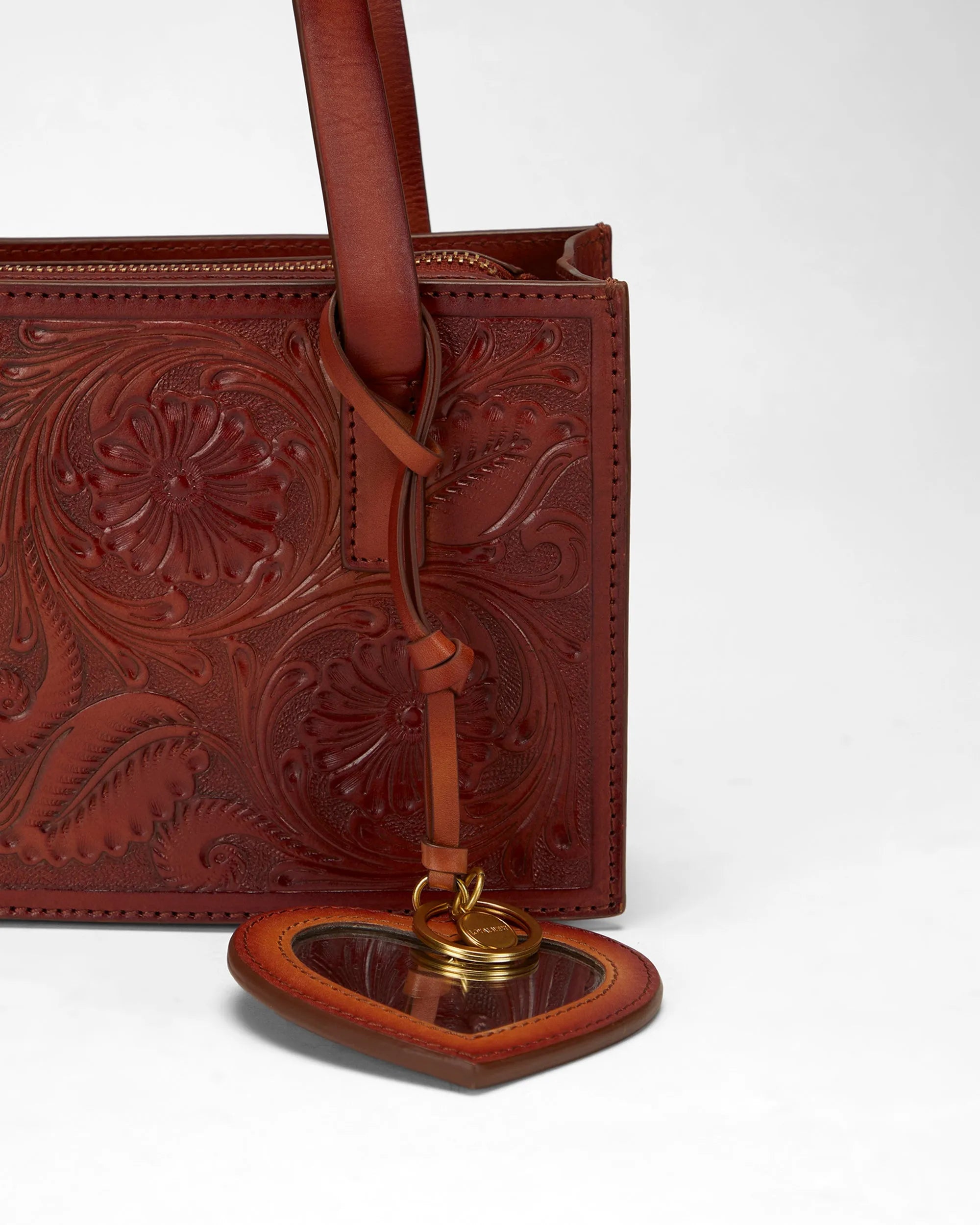 Heart Shape Bag Charm In Handtooled Leather