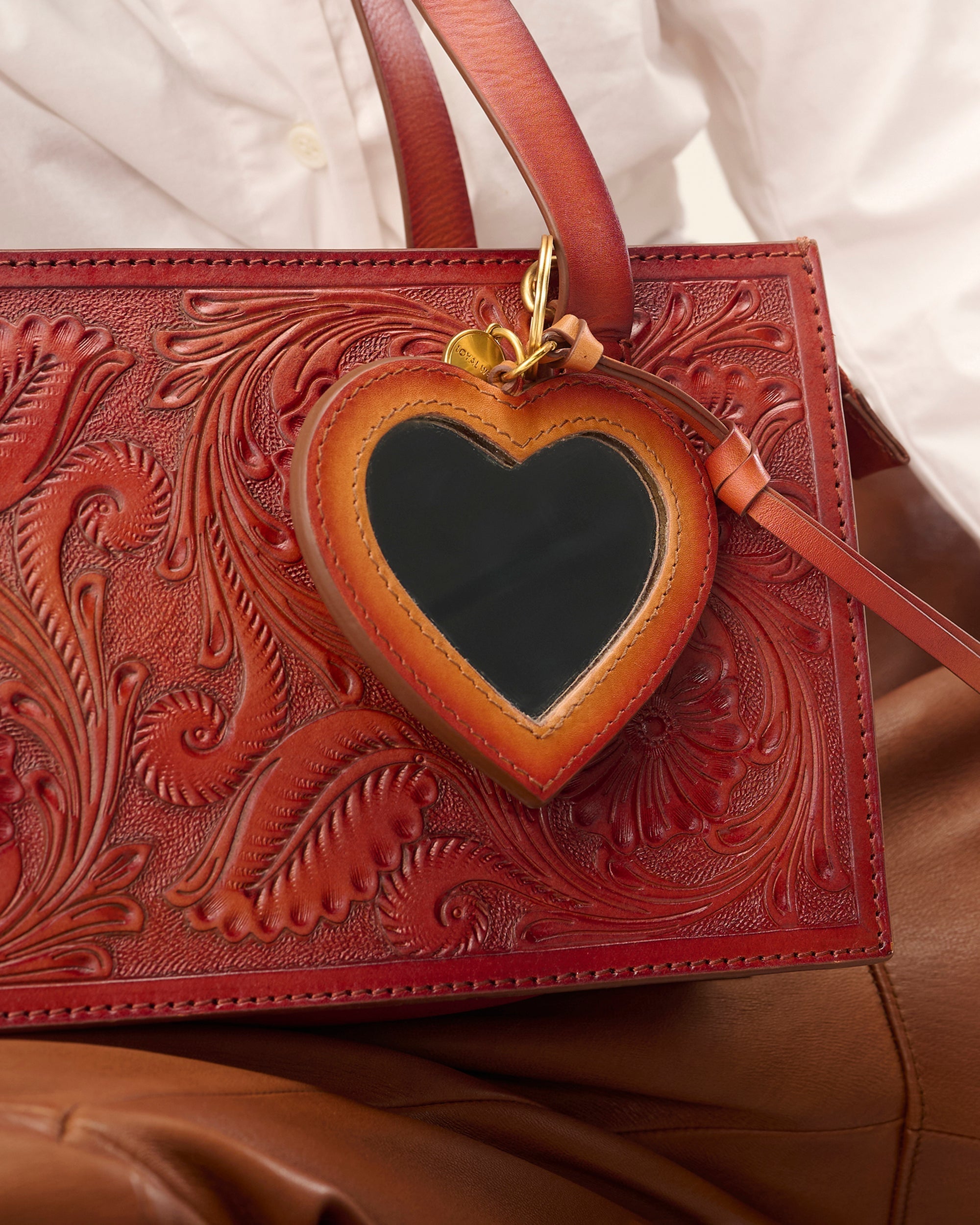 Heart Shape Bag Charm In Handtooled Leather