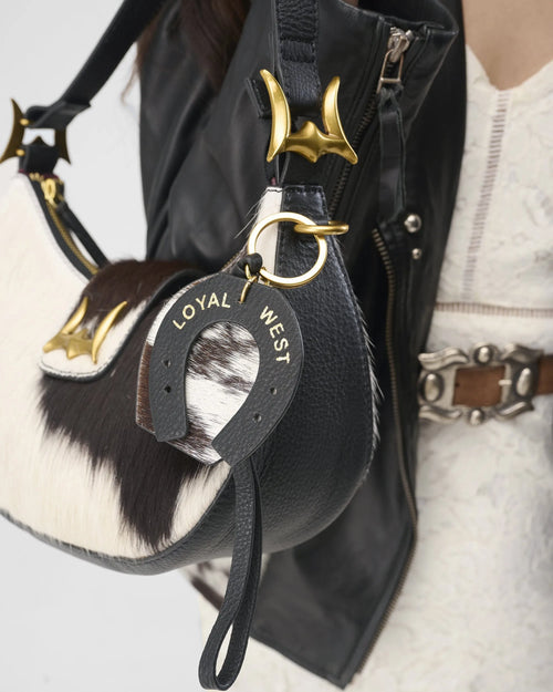 Horse Shoe Bag Charm In Black & White Cowhide