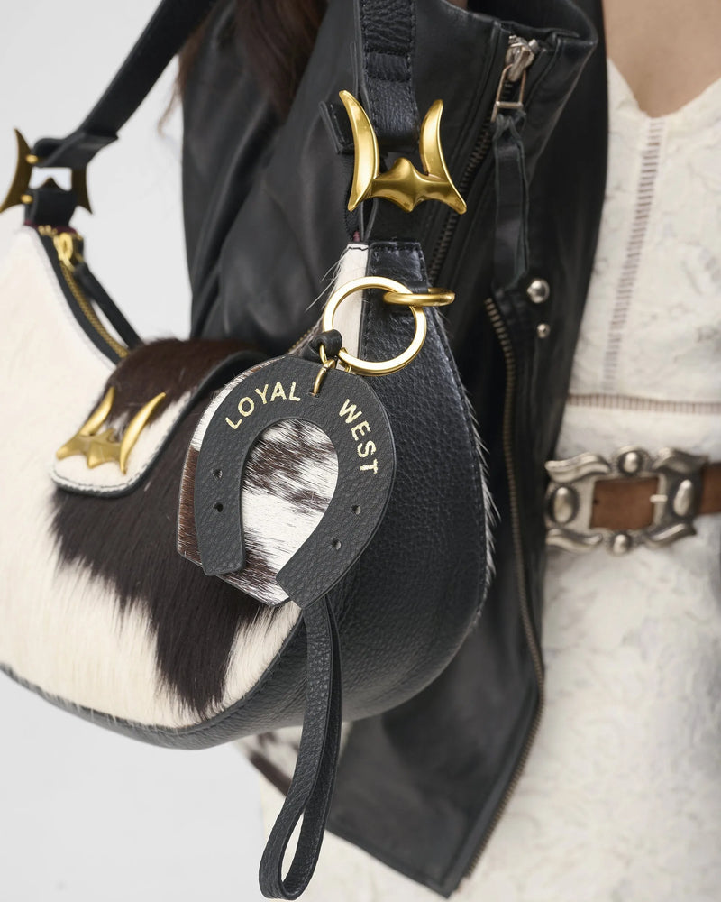 Horse Shoe Bag Charm In Black & White Cowhide