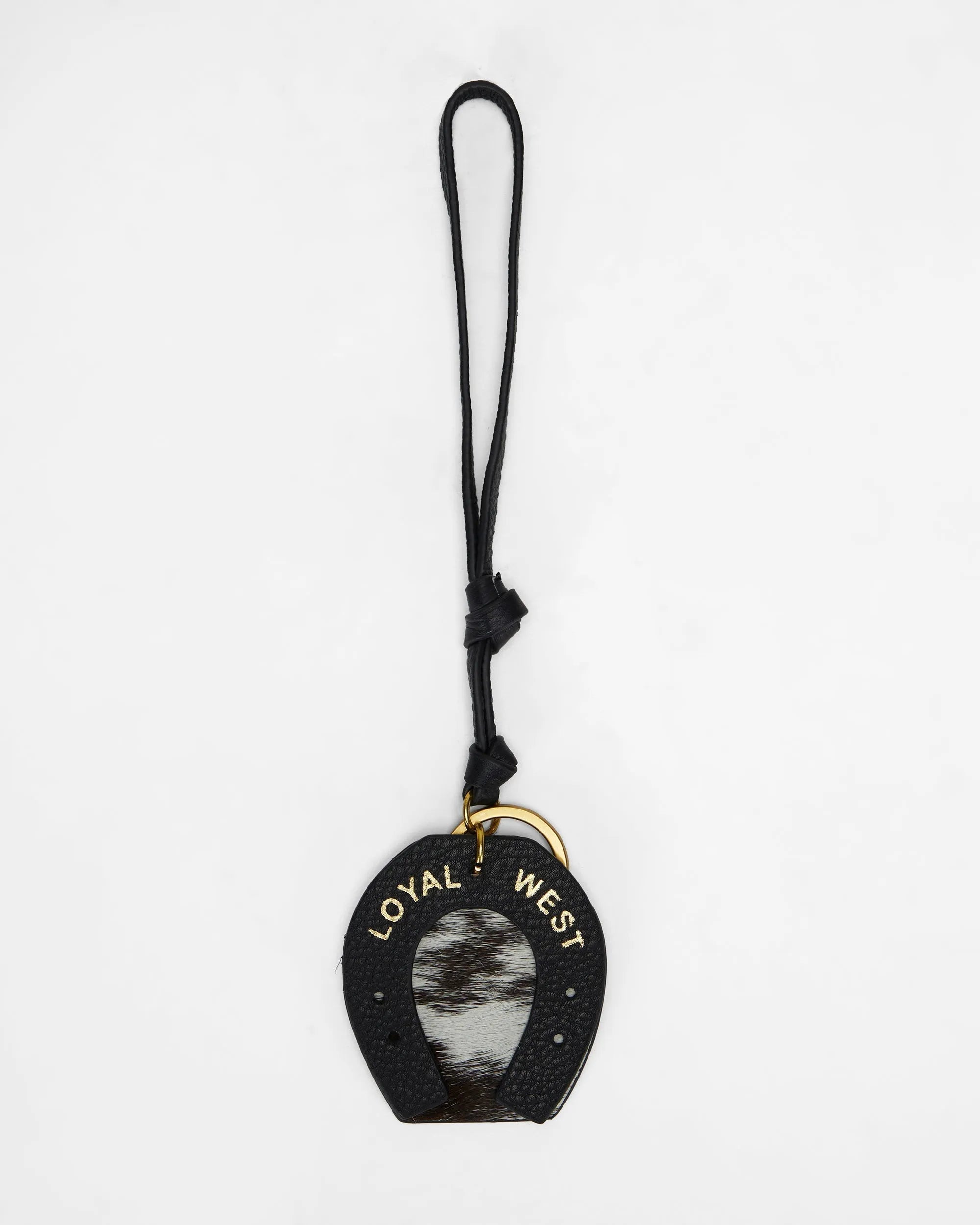 Horse Shoe Bag Charm In Black &amp; White Cowhide