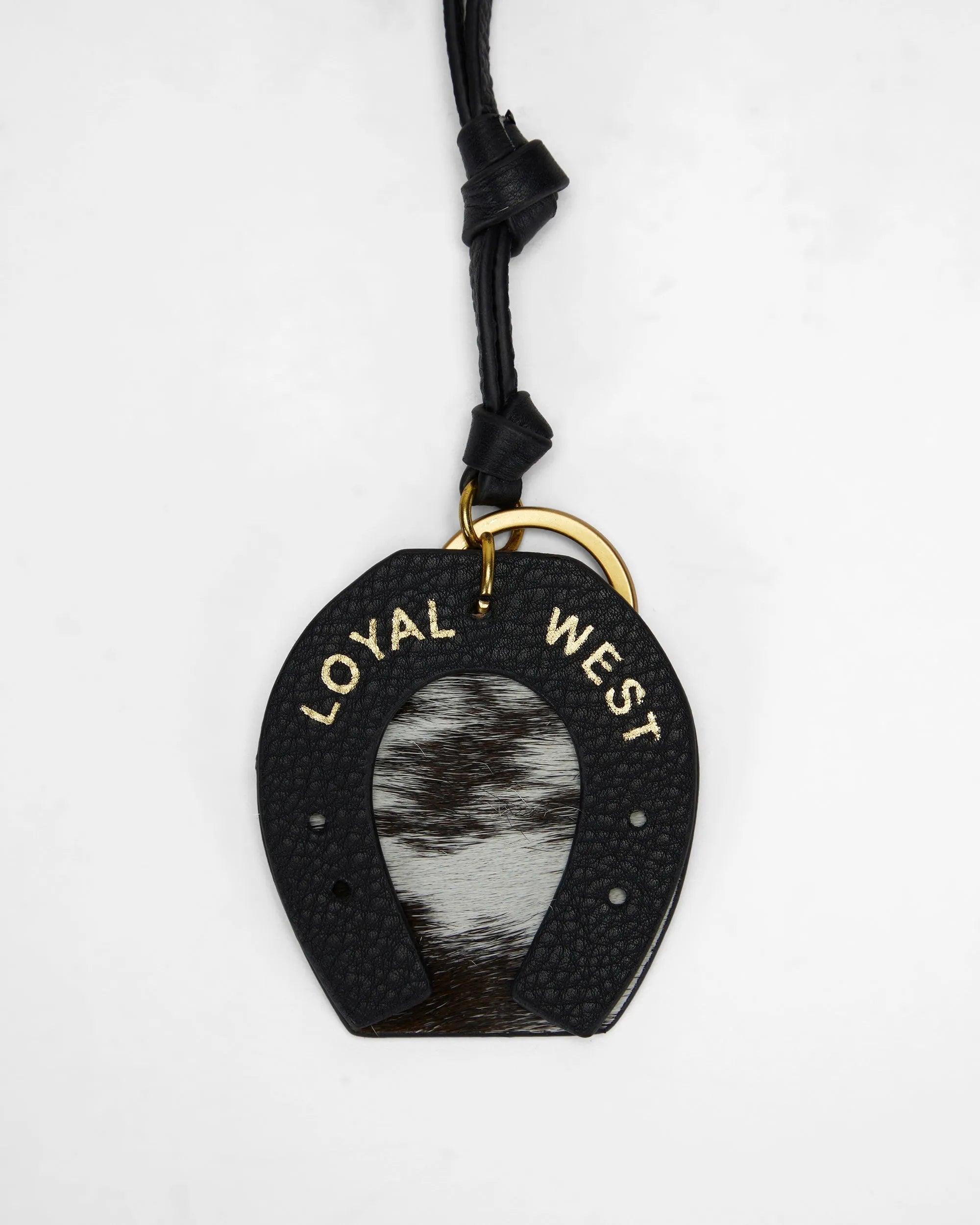 Horse Shoe Bag Charm In Black &amp; White Cowhide