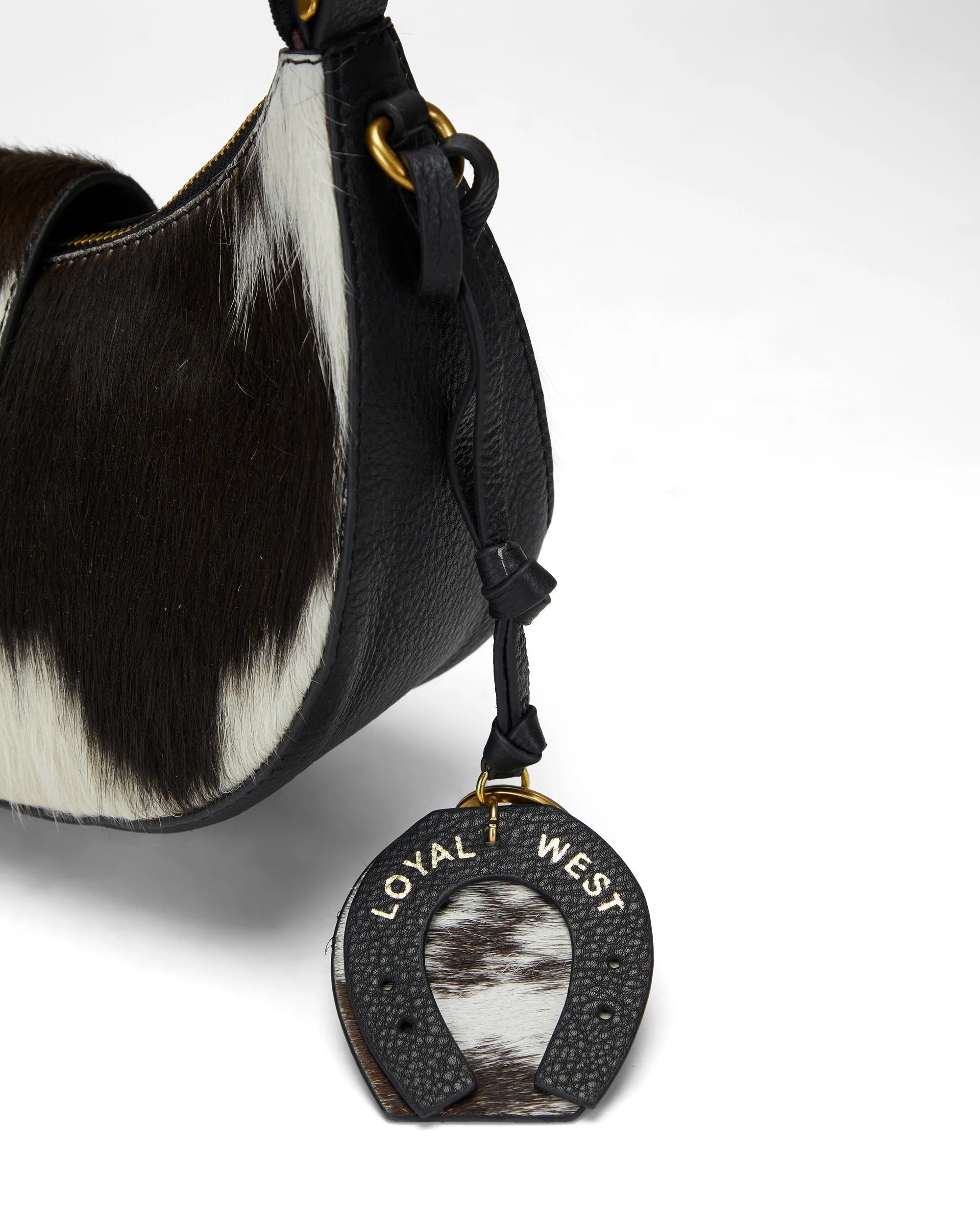 Horse Shoe Bag Charm In Black &amp; White Cowhide