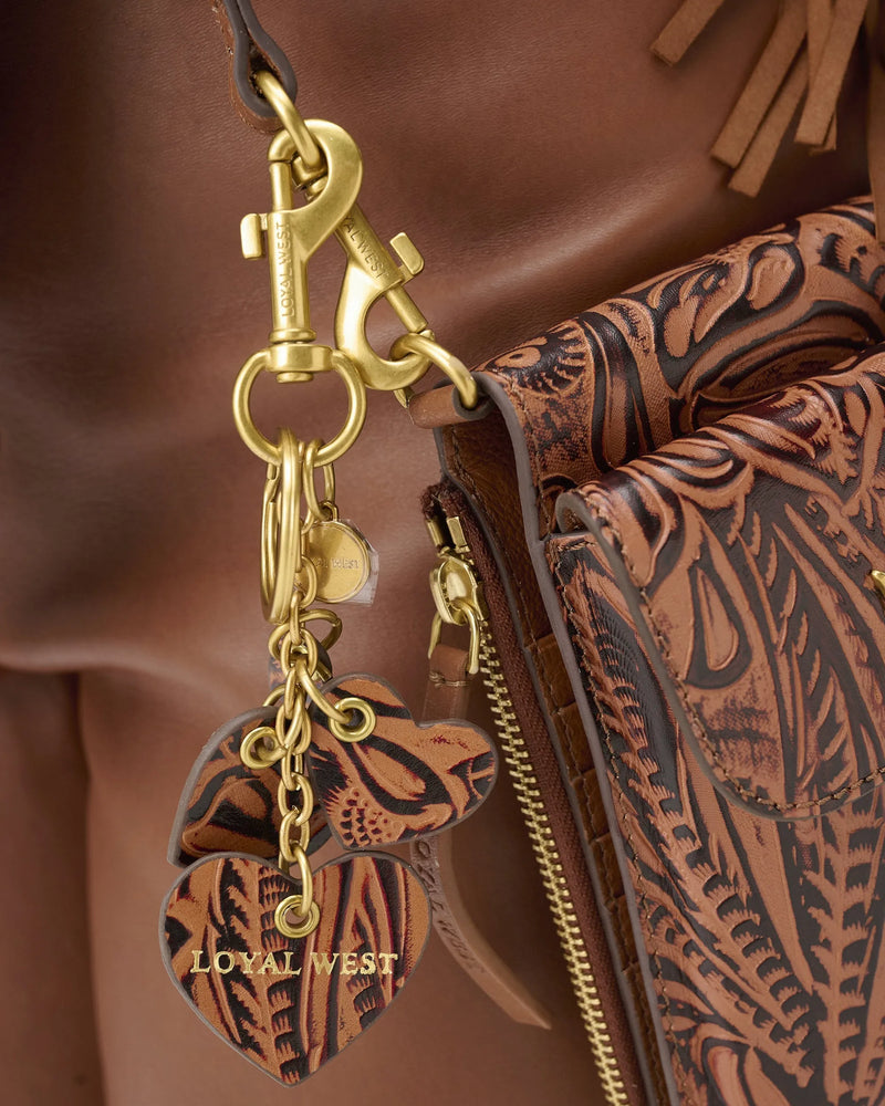 Heart Shape Keychain In Hand Finished Embossed Leather - Brown