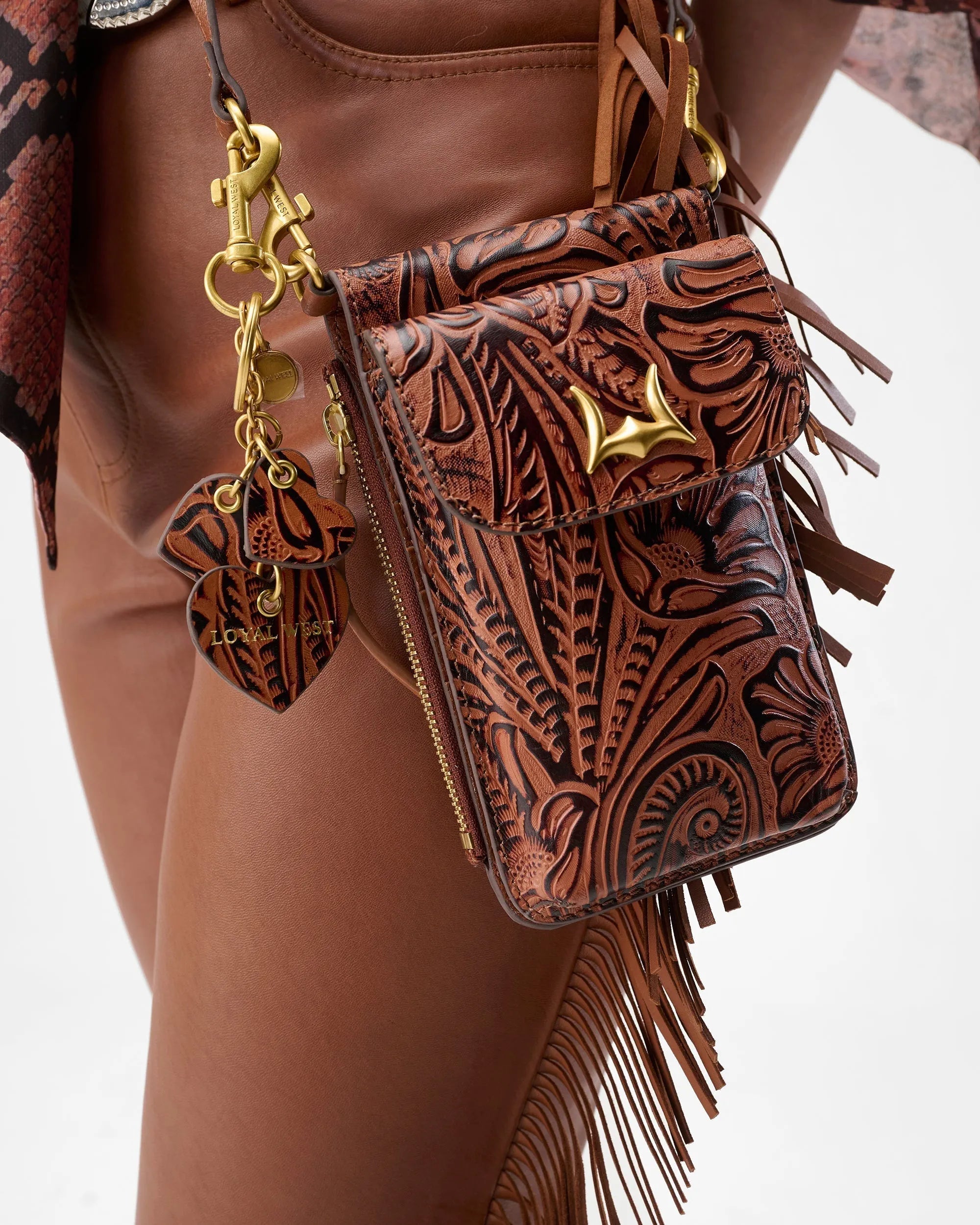 Heart Shape Keychain In Hand Finished Embossed Leather -  Brown