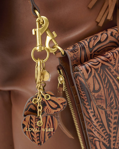 Heart Shape Keychain In Hand Finished Embossed Leather -  Brown