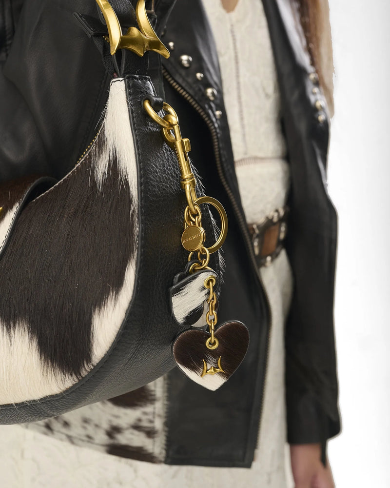 Heart Shape Keychain In Black & White Cowhide Leather