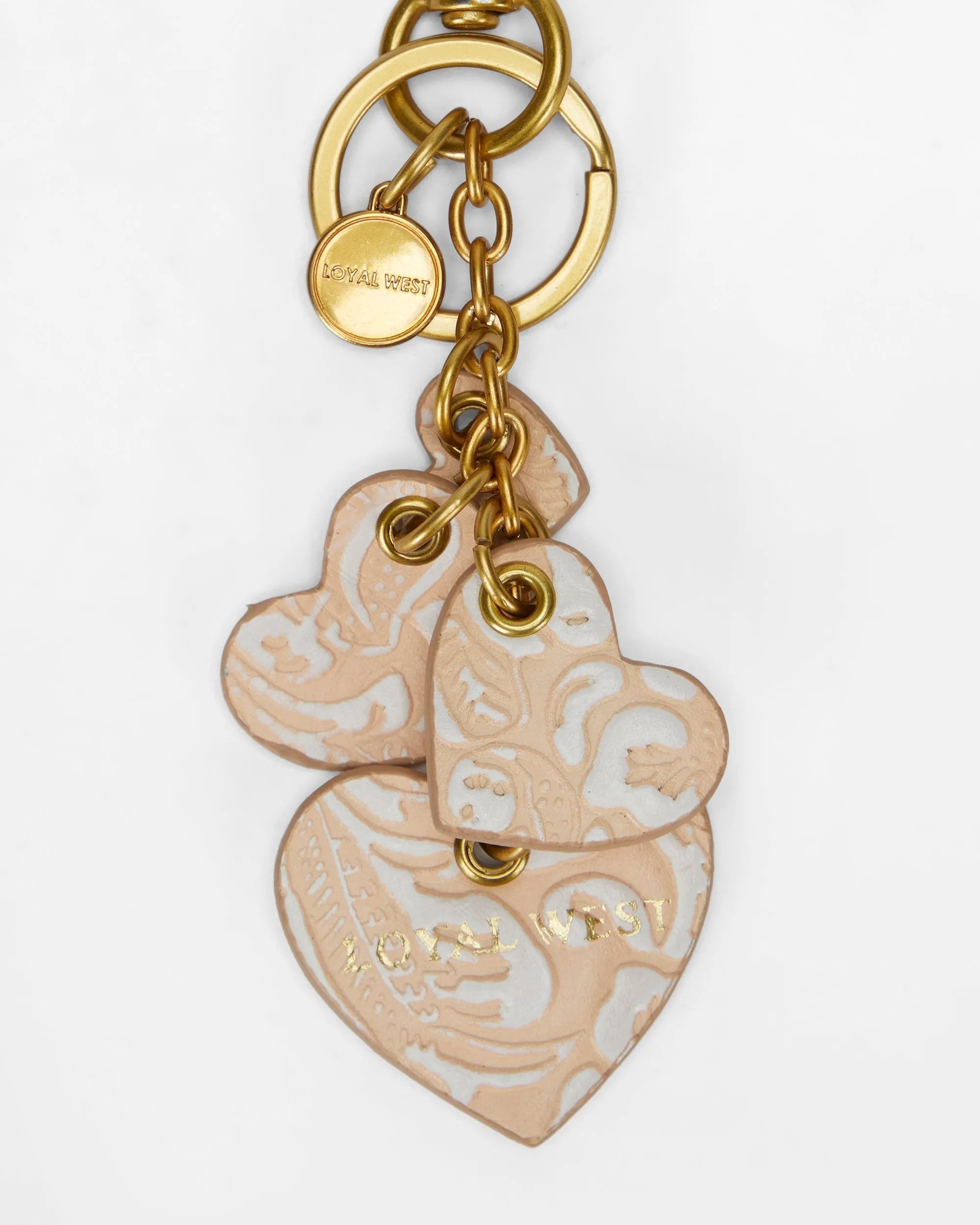 Heart Shape Keychain In Hand Finished Embossed Leather - White