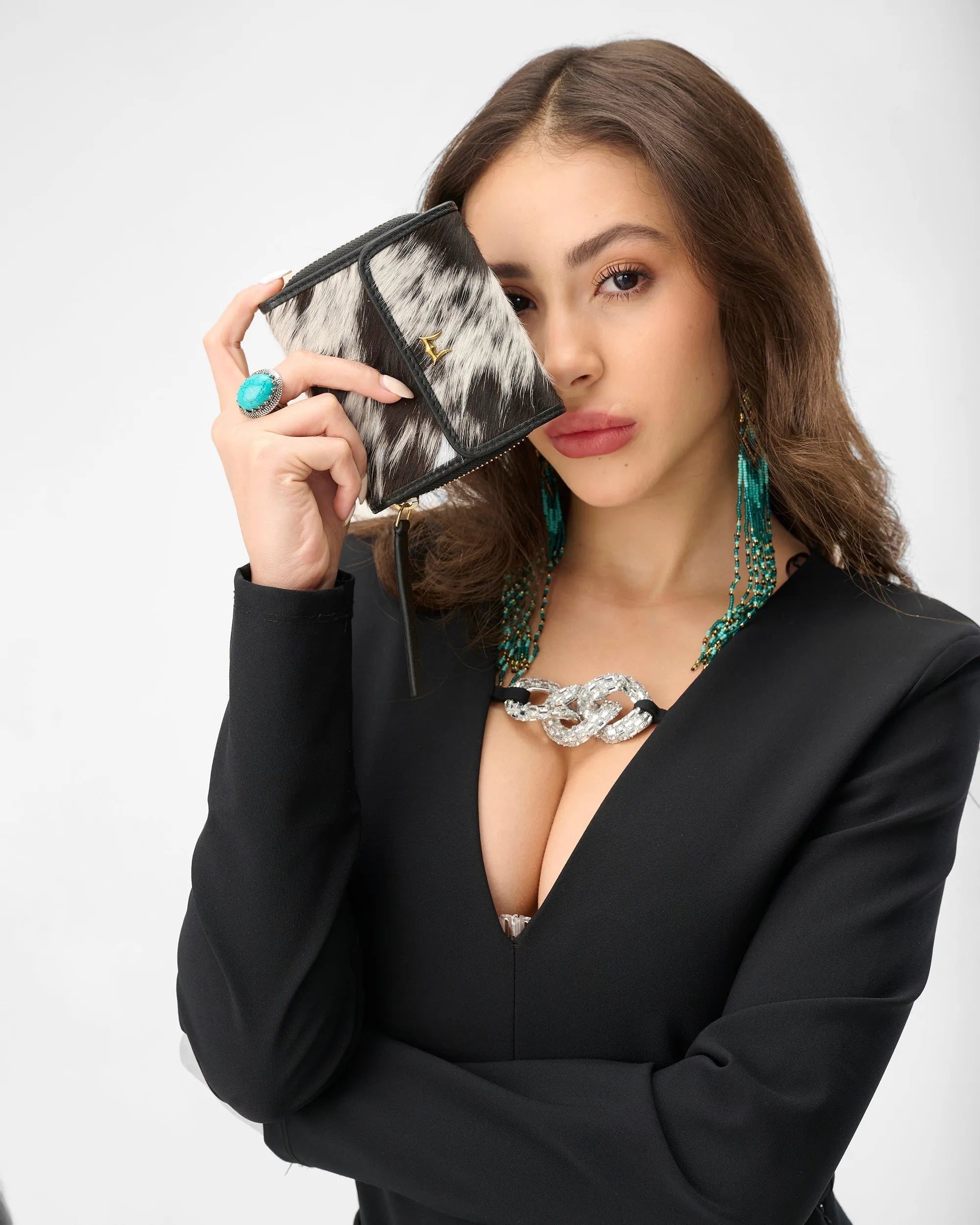 Sophia Card Holder In Black &amp; White Cowhide