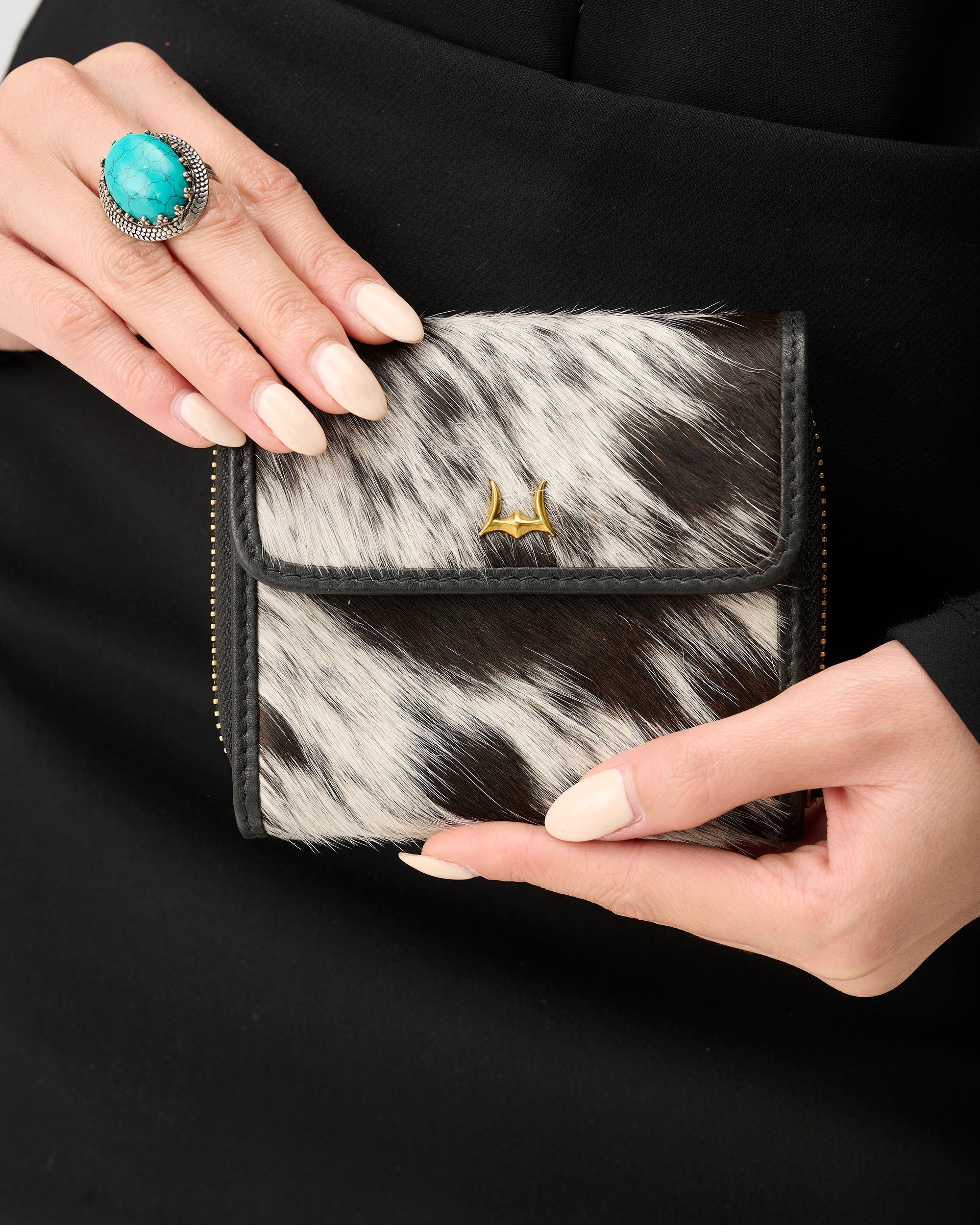 Sophia Card Holder In Black &amp; White Cowhide