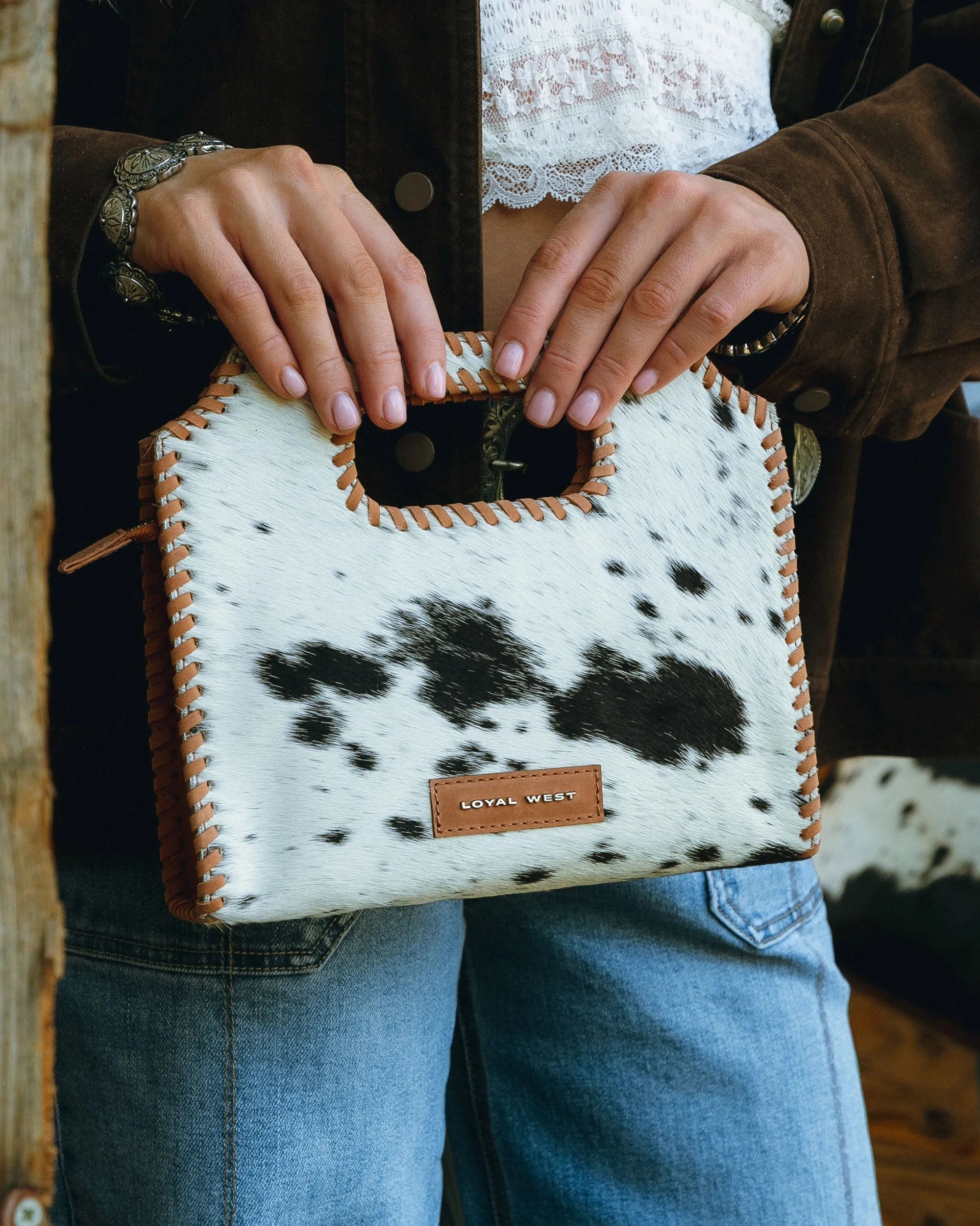 Alma Medium Hand Bag In Black &amp; White Cowhide