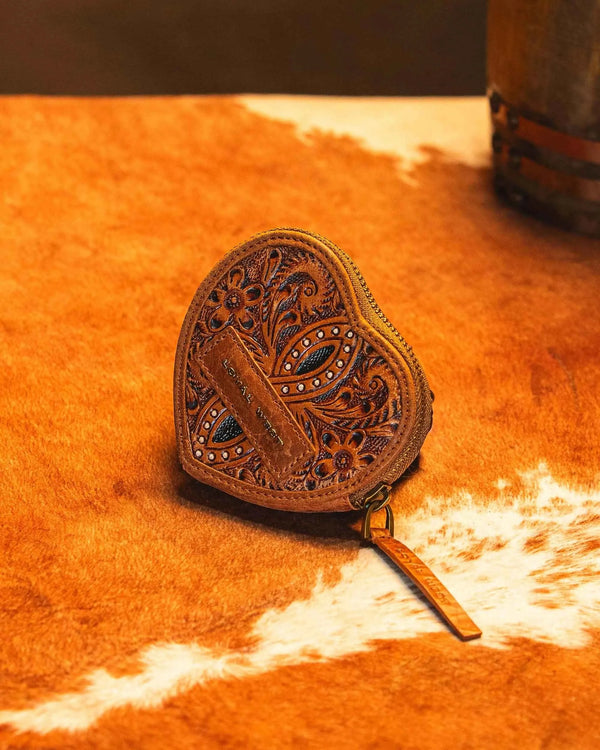 Hand-Tooled Leather Cupid Coin Pouch