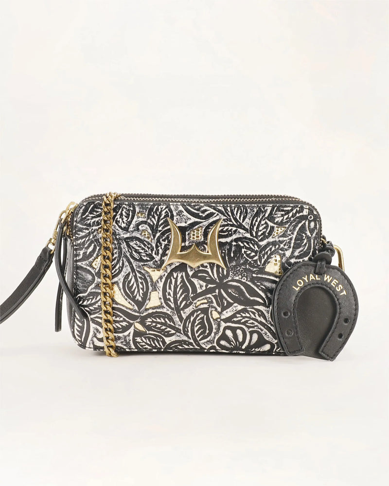Shell Mini Purse in Black Floral Leather