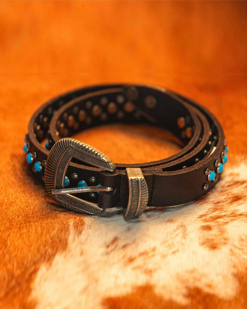 Midnight Ranger Western Leather Belt - Calfskin with Turquoise Stones