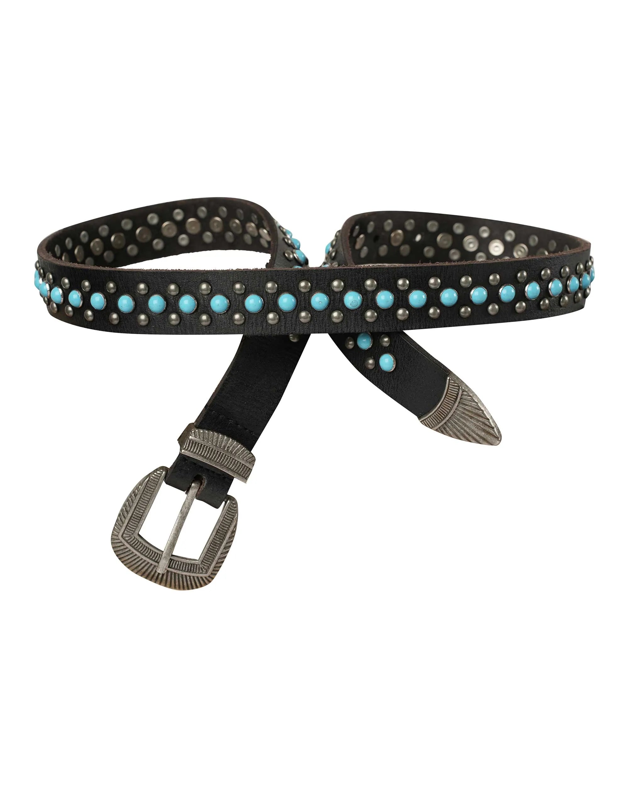 Midnight Ranger Western Leather Belt - Calfskin with Turquoise Stones