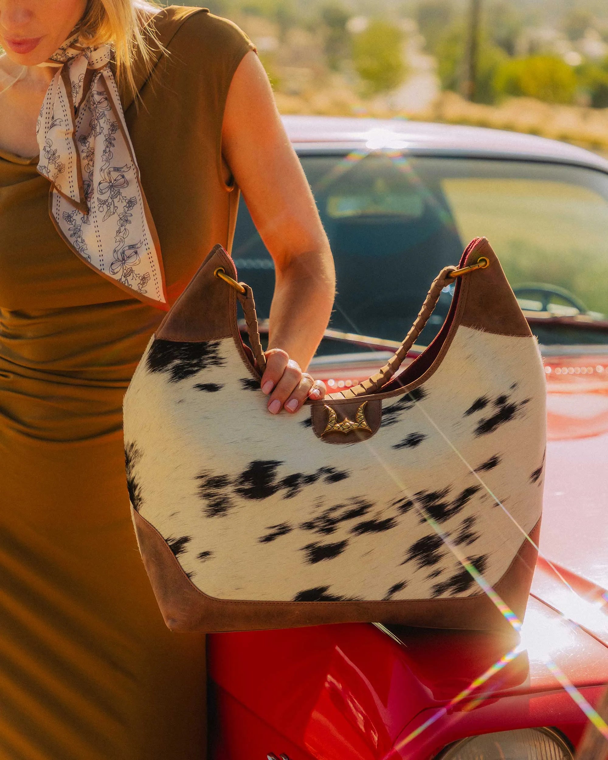 LW Large Purse - Black &amp; White Cowhide with Oiled Brown Leather