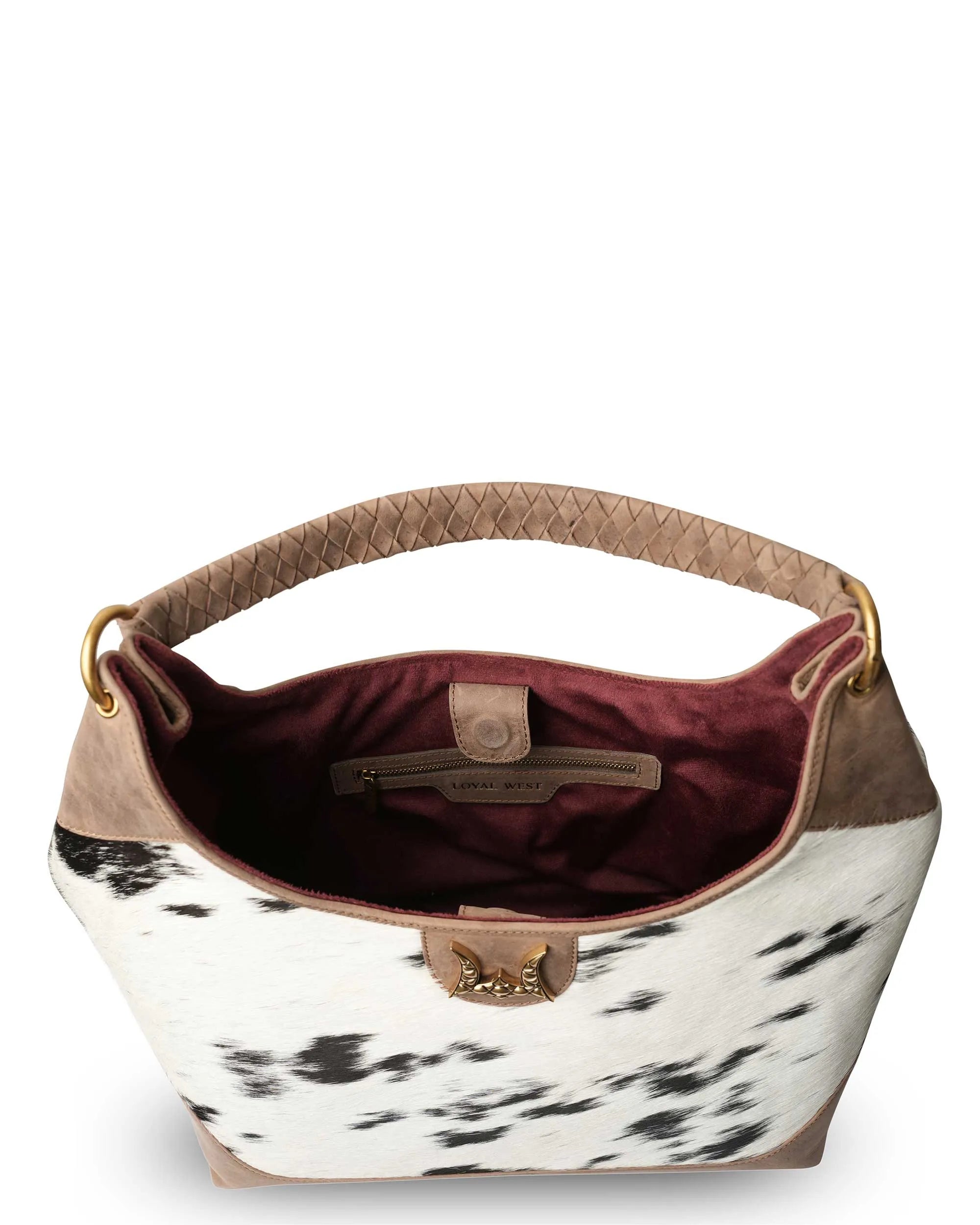 LW Large Purse - Black &amp; White Cowhide with Oiled Brown Leather