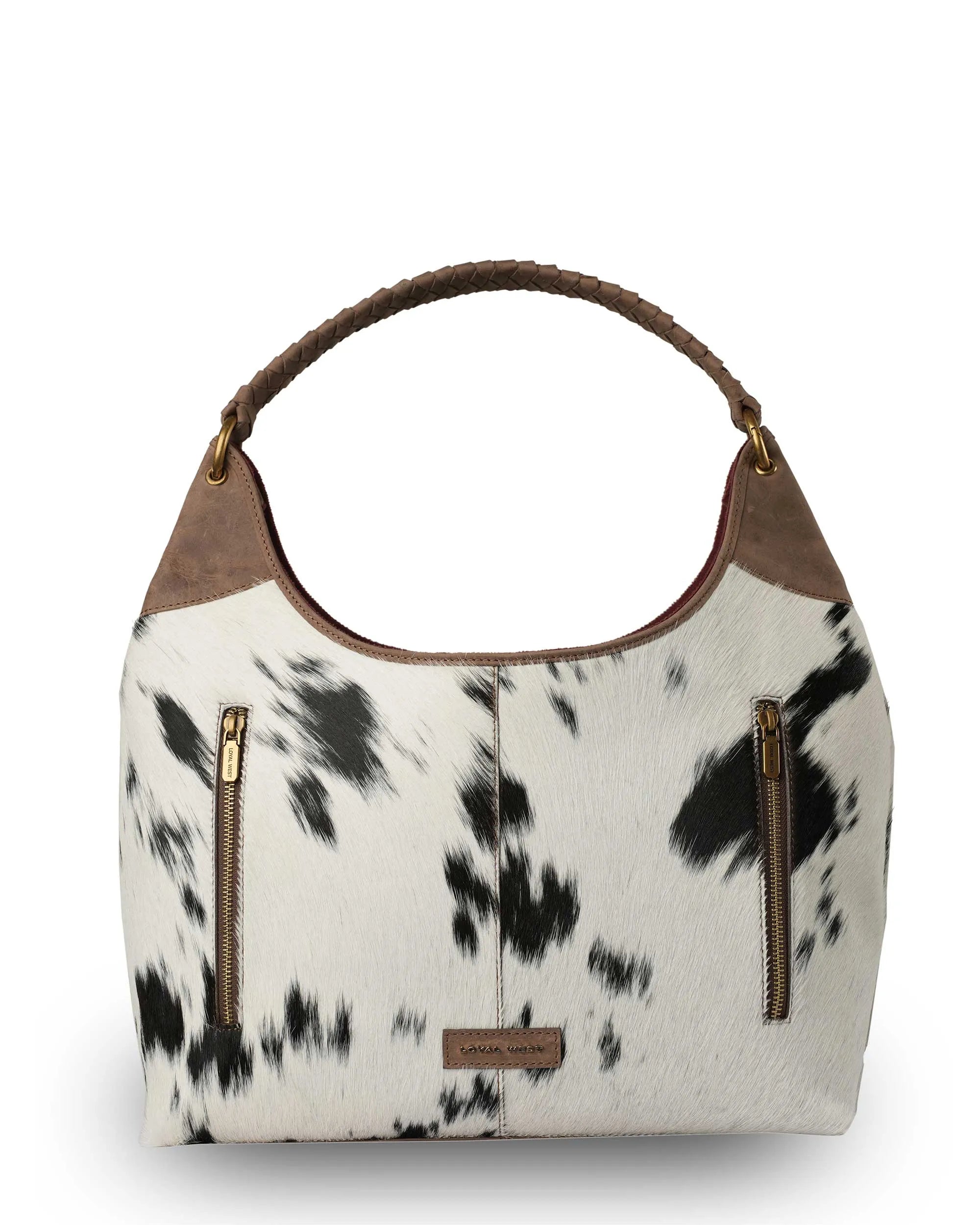 LW Large Purse - Black &amp; White Cowhide with Oiled Brown Leather