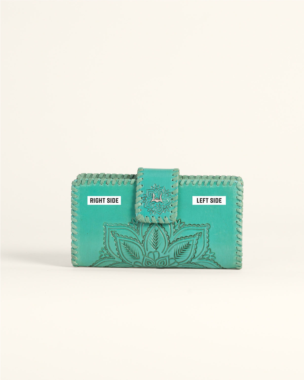 Desert Lotus Wallet  - Turquoise  Handtooled Leather & Calfskin